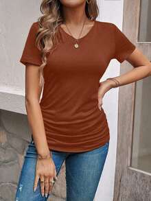 EMERY ROSE Women's Solid Color Tight Fit Short Sleeve T-Shirt, Versatile For Summer Everyday Rust Brown Casual - Brown - View 5