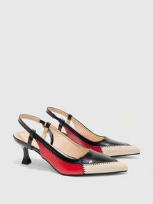 CUCCOO BIZCHIC 女鞋 时尚尖头多色拼接撞色猫跟中跟后跟带女式高跟鞋 日常百搭通勤工作女鞋 - 黑紅白 - 查看 7