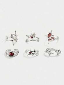 ROMWE Goth Bộ 6 chiếc nhẫn hình ngôi sao phong cách Punk được cá nhân hóa, đính đá acrylic màu đỏ, quà tặng ngày lễ cho bạn bè và bạn học, trang sức thời trang quyến rũ. - 6pcs - ngôi sao màu đỏ - Xem 6