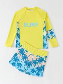 SHEIN Tween Boys 2-Piece Swimwear Set,Long Sleeve Rash Guard & Trunks,Palm Tree Print,Blue,Summer,Funny,Beach,Vacation,Holiday,Tropical Surfing Style,Knit - Yellow - View 6