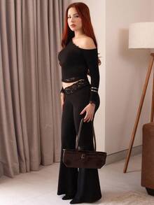 FER DURAN FER DURAN Sexy Lace Patchwork Asymmetric Shoulder Slim Fit Pullover Top With Asymmetrical Hem, Stylish Design For Women, Autumn/Winter - Black - View 1