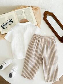 LMoss Kids Bộ 2 món áo sơ mi cổ bẻ màu trơn và quần kẻ sọc cho bé gái - Nhiều màu - Xem 2