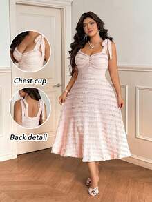 Vionelle Plus Size Women's Elegant Blush Pink Summer Formal Tea Party Dress,Bow Tie Shoulder Pleated Bust High Stretch Mid-Length Spaghetti Strap Jumper Dress - Pink - View 1