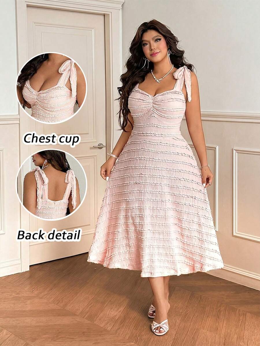Vionelle Plus Size Women's Elegant Blush Pink Summer Formal Tea Party Dress,Bow Tie Shoulder Pleated Bust High Stretch Mid-Length Spaghetti Strap Jumper Dress - Pink - View 1