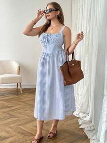 SHEIN LUNE 大码夏季休闲条纹无袖连衣裙 - 藍白色 - 查看 8