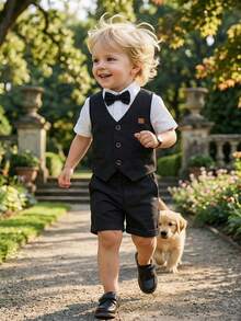 SHEIN Gentleman Boy's Set Sleeveless Vest&Solid Shorts Black And White,Summer,Formal,Wedding Guest Elegant Outfit For Birthday Party Christening Performance - Royal Blue - View 2