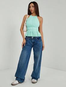 SHEIN PETITE Women's Pleated Halter Neckline Waist-Tied Backless Tank Top,Summer Top - Baby Blue - View 4