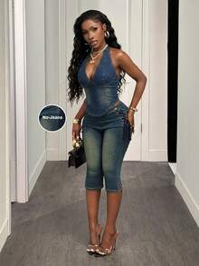 Slaydiva Áo denim nữ cổ chữ V sâu, ôm sát, dáng ngắn, gợi cảm, kiểu yếm. - Rửa trung bình - Xem 2
