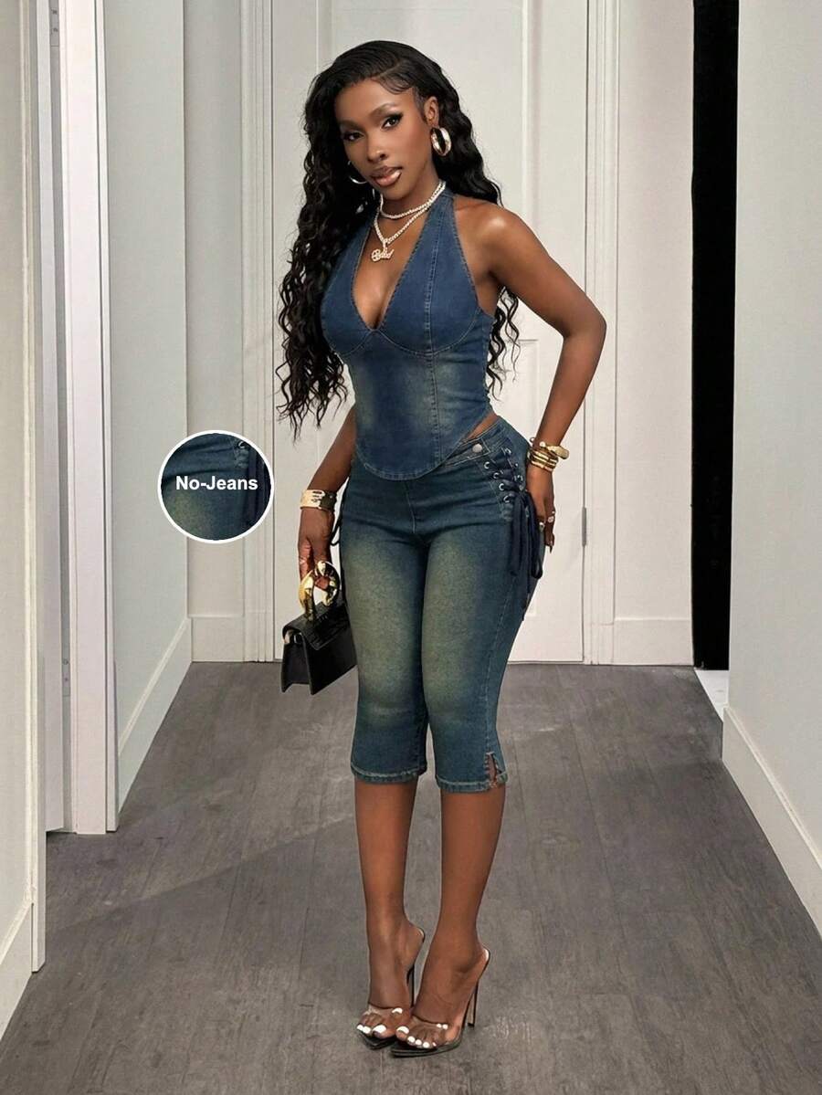 Slaydiva Áo denim nữ cổ chữ V sâu, ôm sát, dáng ngắn, gợi cảm, kiểu yếm.