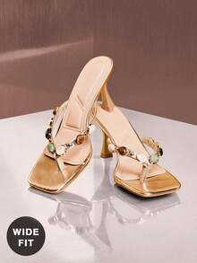 SHUZIA Women's Wide-Fit Fashion Comfy Gemstone Decor Square Toe Stiletto Heel Thong Sandals - Gold - View 7