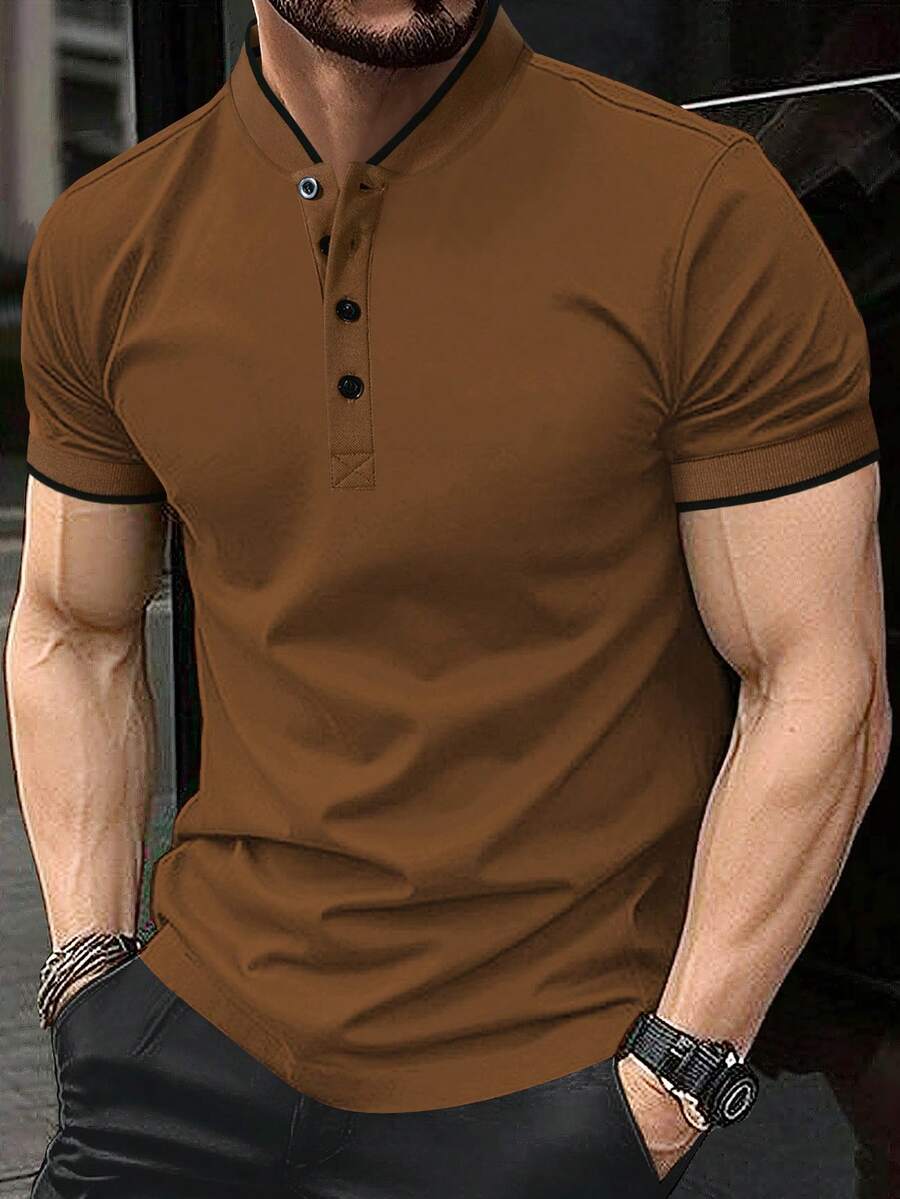 Manfinity Homme Men's Plus Size Contrast Trim Button Collar Short Sleeve Polo Shirt, Suitable For Office, Outing And Social Occasions, Formal - Brown - View 1