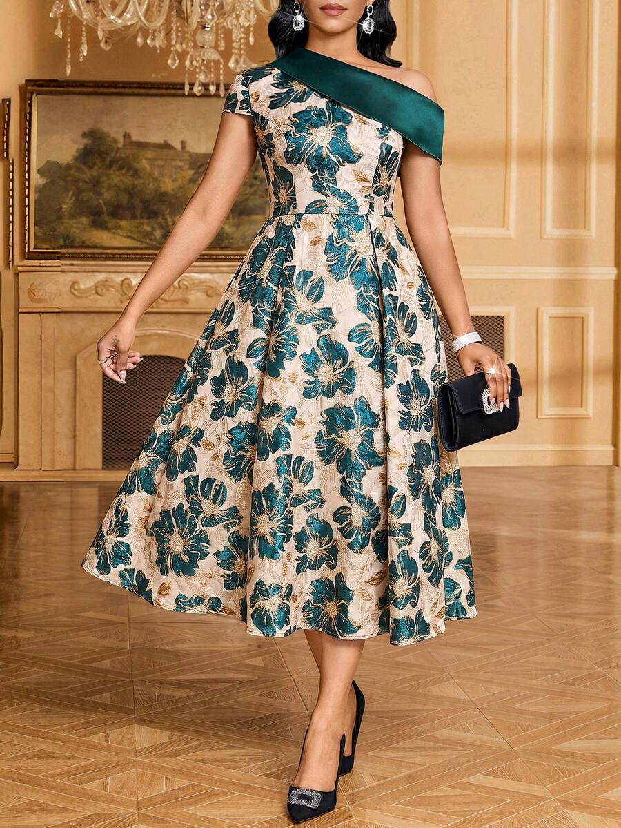 SHEIN Lady Women's Elegant Party Jacquard Asymmetric Collar Mid-Length Dress - Aqua Green - View 1