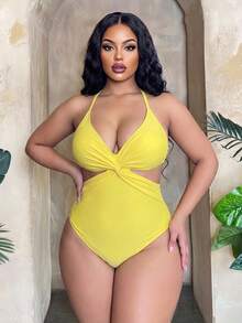 Slaydiva Plus Size Women Solid Color Twist Ruched One-Piece Swimsuit, Suitable For Beach Vacation, Pool Party, Beach Party - Yellow - View 3