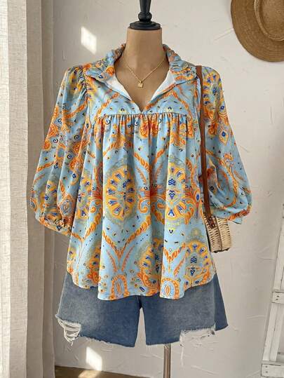 Rusticease Blusa holgada con estampado floral y mangas farol para mujer talla grande, adecuada para primavera, verano y otoño