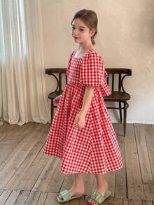SHEIN LMoss Kids Tween Girls' Woven Solid Color Square Neck Puff Sleeve Fitted Casual Dress - Red - View 6