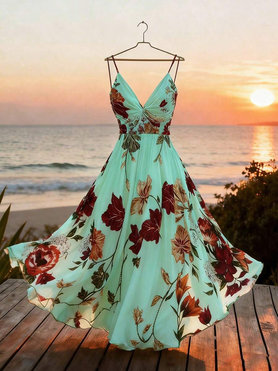 GlowEve Gaun Wanita Motif Bunga dengan Tali Bahu Tipis Model Lilit di Bagian Depan, Cocok untuk Liburan Musim Panas - Mint Green - View 1