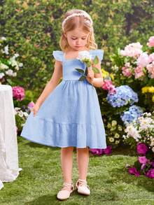 SHEIN Young Girl Ruffled Cap Sleeve Summer Vacation Dress - Baby Blue - View 5