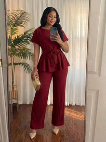 SHEIN Lady Conjunto informal de 2 piezas de pantalón y blusa de manga corta con cuello redondo de unicolor para mujer de talla grande - Burdeos - Ver 6
