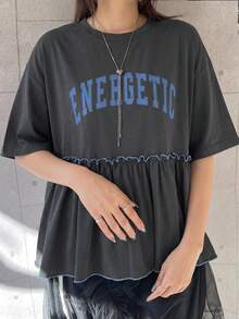 FRIFUL Women's Letter Print Loose T-Shirt, Summer Top Graphic Tee - Grey - View 4