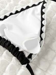 SHEIN Bộ bikini cổ yếm viền hoa đen trắng dành cho thiếu nữ, thích hợp cho kỳ nghỉ hè. - màu đen - Xem 3