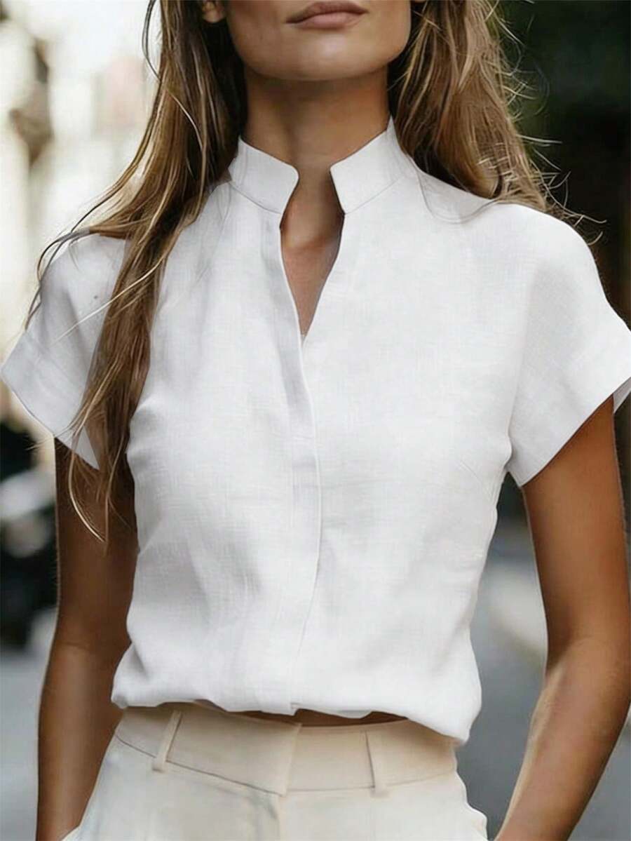 SHEIN 女款休閒優雅米色亞麻混紡立領襯衫,V領蝙蝠袖半袖辦公上衣,適合工作、日常穿搭/約會之夜&早午餐,夏季白色襯衫 - 白色 - 查看 1