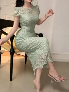 女士优雅浪漫蕾丝露背蝴蝶结修身连衣裙，夏季 - 綠色 - 查看 2