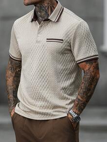 Manfinity CasualCool 男士条纹短袖休闲通勤 Polo 衫 - 卡其色 - 查看 6