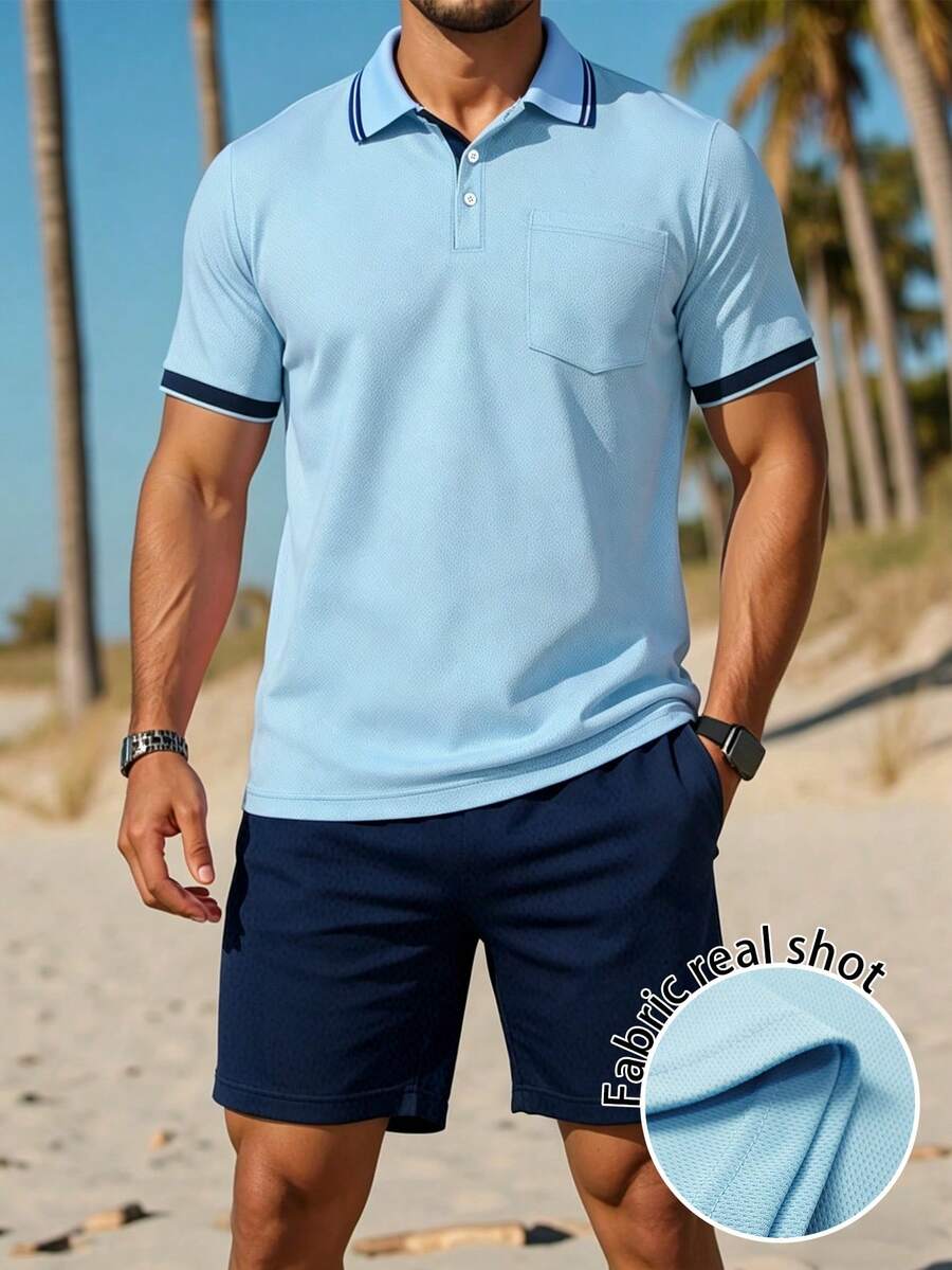 Manfinity Dauomo 男士纯色 Polo 衫，撞色饰边，时尚搭配夏季短裤套装 - 彩色 - 查看 1