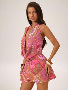 SHEIN BAE Women's Casual Vacation Ruffled Neck A-Line Chiffon Pastal Floral Print Mini Dress, Suitable For Beach Golf Sisters Summer - Pink - View 8