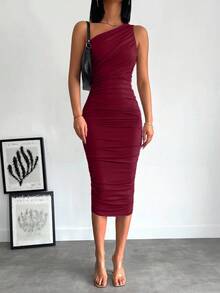 EURMUSE Women's Solid Color Minimalist Casual Asymmetrical Shoulder Dress - Burgundy - View 3