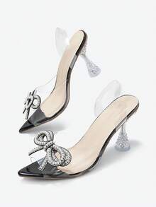 Mẫu sandal cao gót mũi nhọn đính nơ pha lê trong suốt thời trang mới năm 2025 dành cho nữ, kiểu dáng cổ tích, phù hợp với trang phục xuân hè. - màu đen - Xem 6