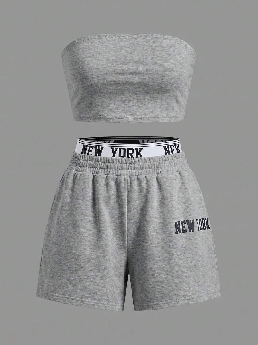 SHEIN Girlism Tween Girl Casual Street Style Y2K Text English Slogan Print Sweatshirt & Shorts And Fitted Knit Solid Color Tube Top 2 Pieces Set White KIDS - Grey - View 1