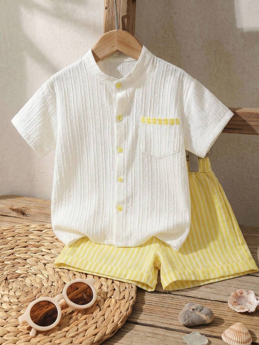 SHEIN Vintaside Kids 男童通勤休闲条纹立领衬衫和条纹短裤两件套,舒适时尚 - 黃色 - 查看 1