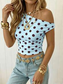 SHEIN EZwear Women's Asymmetric Ruched Cropped Top,Summer Top - Blue - View 4