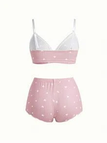 Bonmuse 3pcs/Set Women Solid Heart Print Ruffle Trim Lingerie Bra And Elastic Waist Shorts Pajama Set Two Pieces Set Women 2 Pieces Set, Kawaii - Multicolor - View 4