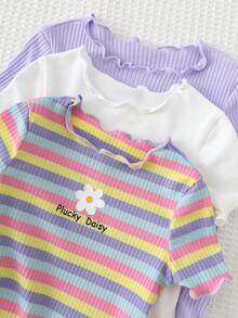 Cozy Pixies Conjunto de 3 peças para bebê menina com body de manga curta, gola redonda e estampa floral e listrada em arco-íris. - Multicolorido - Ver 7