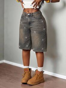 SHEIN Slayr Quần short denim nữ mùa hè kiểu dáng thường ngày, đính đá lấp lánh. - Rửa trung bình - Xem 4