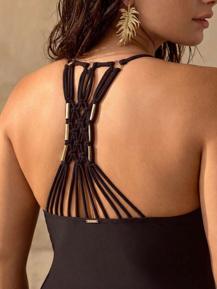 HANDMADE CROCHET BACKLESS SWIMSUIT, BOHEMIAN STYLE, PLUS SIZE WOMEN BEACH VACATION SWIMWEAR, BROWN
