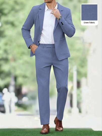 Manfinity Mode Men's Simple Solid Color Business Suit, Including Top And Pants, Dusty Blue Suit, 2 Pieces Set, Suitable For Casual, Weekend Travel, Outdoor Activities, Relaxed Work Business Wedding Environment Or Formal Occasions, Gift For Boyfriend/Husband, Anniversary Gift Graduation Season Summer World Cup Holiday,Old Money,Daily Leisure, Weekend Trips, Outdoor Activities Office, Travel Expeditions, Relaxed Work Environments Or Semi-Formal Occasions, Boyfriend/Husband Gift, Anniversary /Birthday Gift Party