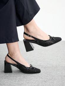 CUCCOO BIZCHIC Chaussures à talons hauts mode femme, talons épais avec nœud en maille. Polyvalentes pour toutes les saisons, élégantes pour le bureau, les mariages, les festivals, les vacances et l'usage quotidien. - Noir - Voir 1