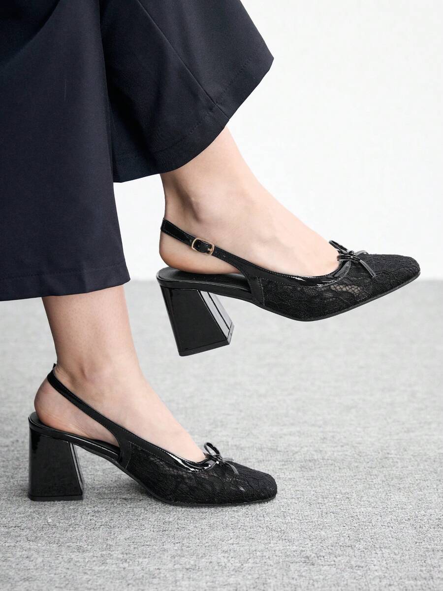 CUCCOO BIZCHIC Chaussures à talons hauts mode femme, talons épais avec nœud en maille. Polyvalentes pour toutes les saisons, élégantes pour le bureau, les mariages, les festivals, les vacances et l'usage quotidien. - Noir - Voir 1
