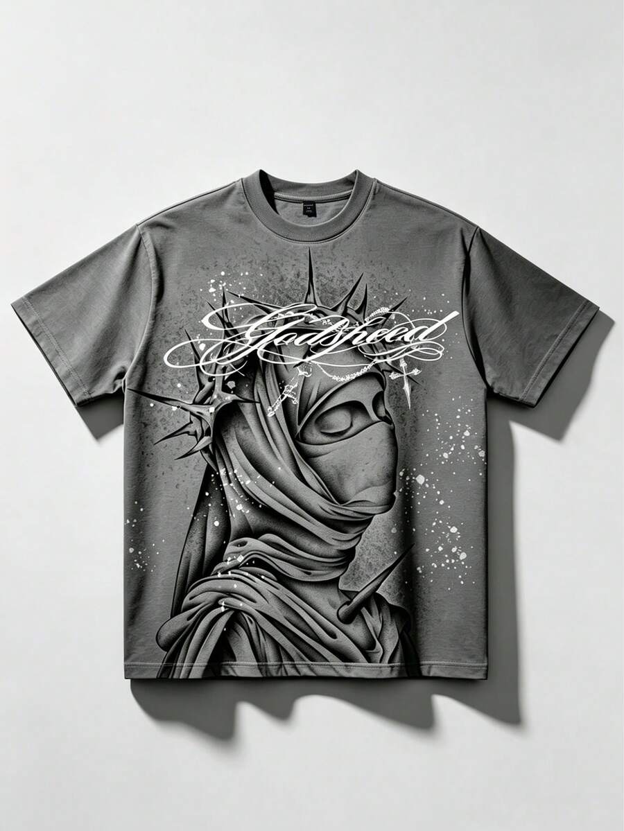 ROMWE MEN Street Life Men's Street Cross Print Short Sleeve T-Shirt, Suitable For Everyday Wear, Spring/Summer - Grey - View 1