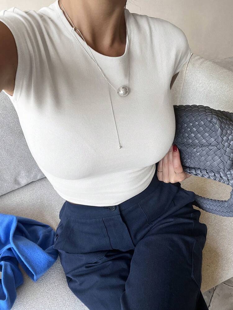 Women's Solid Color Round Neck Fitted Casual Short Sleeve T-Shirt, Summer