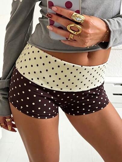 Avenya Women's Spring/Summer Vacation Knit Polka Dot Contrast Color Patchwork Fold-Over Shorts, Beach Shorts, Casual, Daily Casual, Graduation Season, Graduation Party, Suitable For Party, Valentine's Day, Date Night, Nightclub, Bohemian Style, Bohemian Vacation Style, Retro Style, Holiday Beach Outfit, Vacation