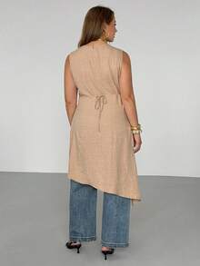 Auralis Plus Size Women Casual Solid Color Asymmetric Hem Sleeveless Top Going Out Formal Vacation Tops Peach Summer - Apricot - View 2
