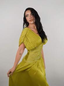 Dania Mndz Shop Elegant Bejeweled V-Neck Short Sleeve Ruched Waist Dress, Women Summer Formal Gown Party - Mustard Yellow - View 5