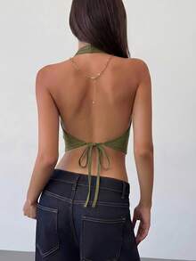 Aloruh Women's Solid Color Rivet Decor Halter Casual Versatile Daily Wear Top,Summer Top - Army Green - View 2