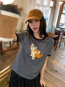 TOM AND JERRY X DAZY 女款圓領波點韓系卡通印花休閒短袖T恤圖案上衣 - 灰色 - 查看 9