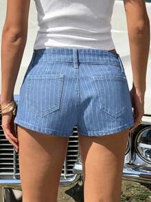 SHEIN EZwear Quần short denim nữ kẻ sọc có túi, kiểu dáng thường ngày. - Rửa nhẹ - Xem 2