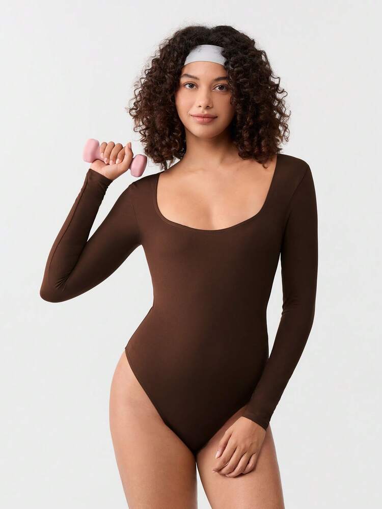 Loungeista Sexy Long Sleeve Square Neck Jumpsuit Dress, Basic Tight-Fitting Piece, Excellent Shaping Effect, Suitable For Workout, Casual Wear And Daily Activitiesfor Summer - Coffee Brown - View 9